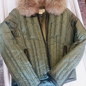 Michael Kors Green Puffer Jacket with Faux Fur Collar